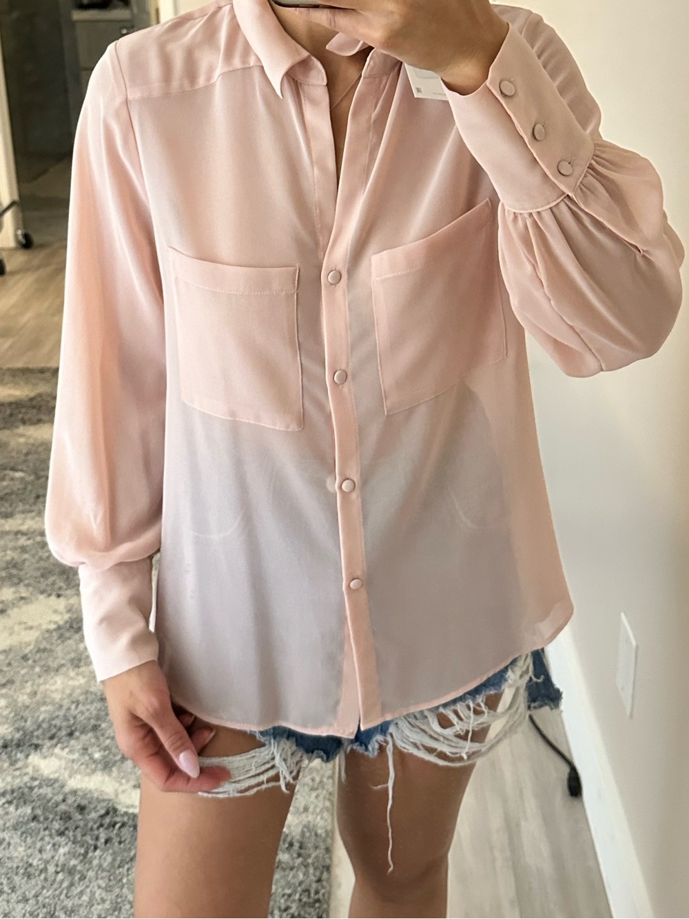 Zara Light Pink Button-Front Blouse with Patch Pockets